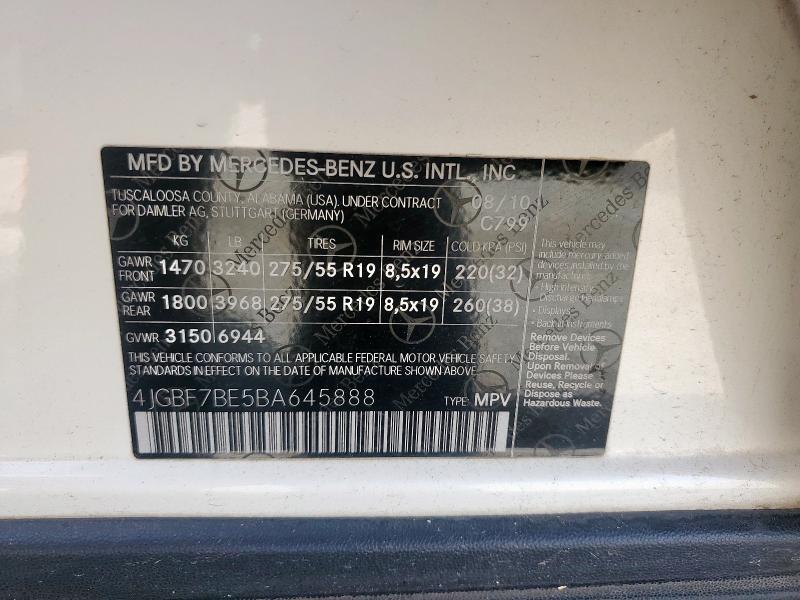 4JGBF7BE5BA645888 - 2011 MERCEDES-BENZ GL 450 4MATIC WHITE photo 13