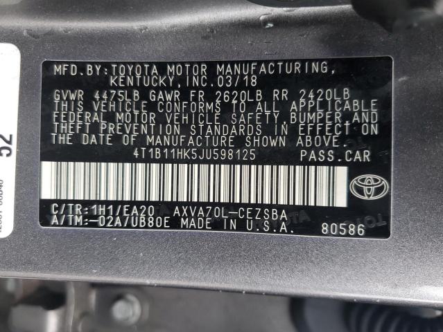 4T1B11HK5JU598125 - 2018 TOYOTA CAMRY L CHARCOAL photo 12