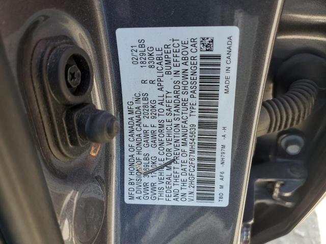 2HGFC2F67MH545639 - 2021 HONDA CIVIC LX 灰色 照片 12