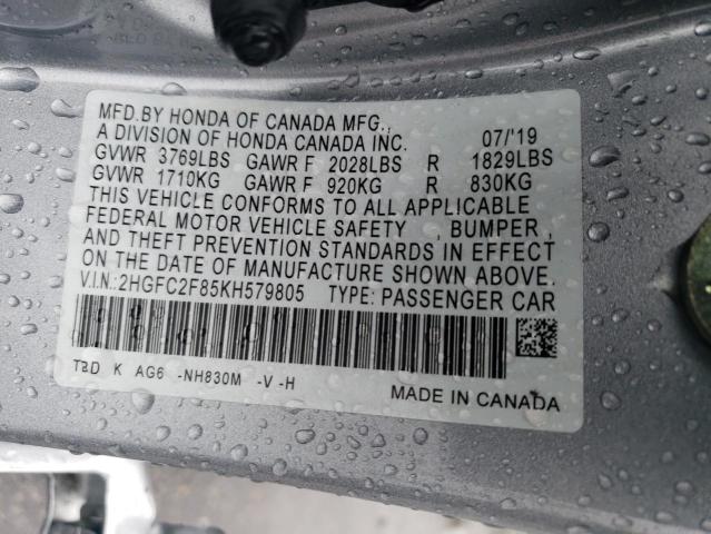 2HGFC2F85KH579805 - 2019 HONDA CIVIC SPORT SILVER photo 12