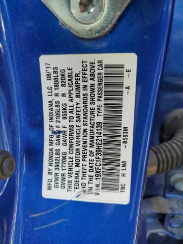 19XFC1F39HE214139 - 2017 HONDA CIVIC EX BLUE photo 13