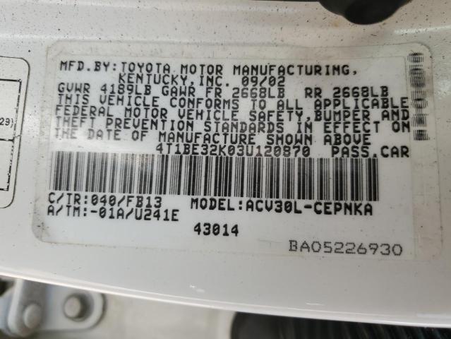 4T1BE32K03U120870 - 2003 TOYOTA CAMRY LE WHITE photo 12