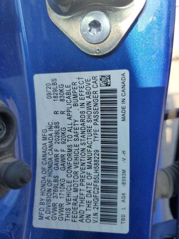 2HGFC2F85LH588229 - 2020 HONDA CIVIC SPORT 蓝色 照片 12