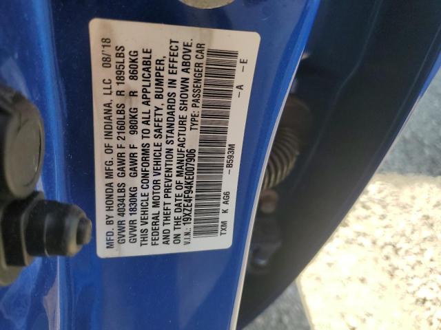 19XZE4F94KE007906 - 2019 HONDA INSIGHT TOURING BLUE photo 12