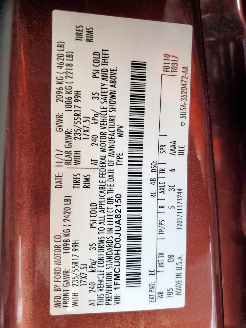 1FMCU0HD0JUA82150 - 2018 FORD ESCAPE SEL BURGUNDY photo 13