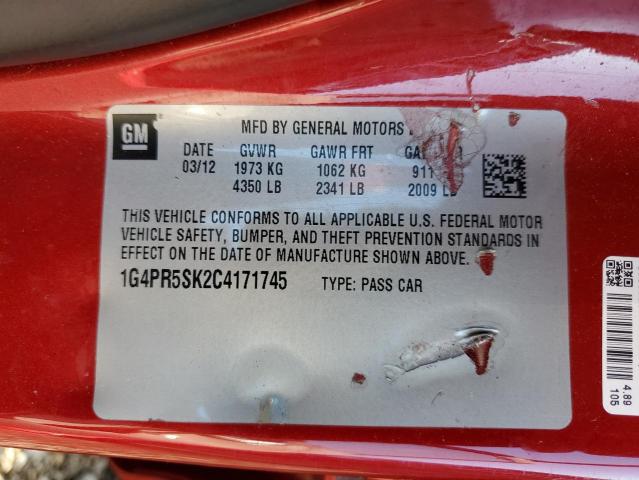 1G4PR5SK2C4171745 - 2012 BUICK VERANO CONVENIENCE RED photo 12