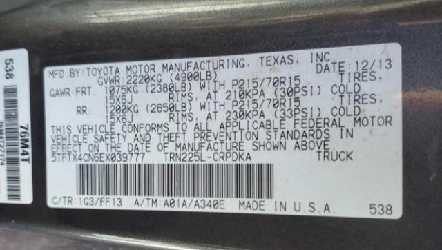 5TFTX4CN6EX039777 - 2014 TOYOTA TACOMA ACCESS CAB Серый фото 13