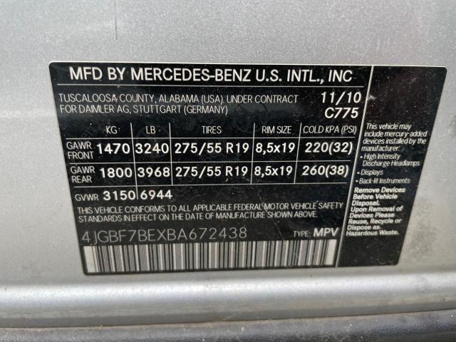 4JGBF7BEXBA672438 - 2011 MERCEDES-BENZ GL 450 4MATIC SILVER photo 10