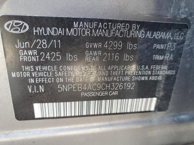 5NPEB4AC9CH326192 - 2012 HYUNDAI SONATA GLS CHARCOAL photo 10