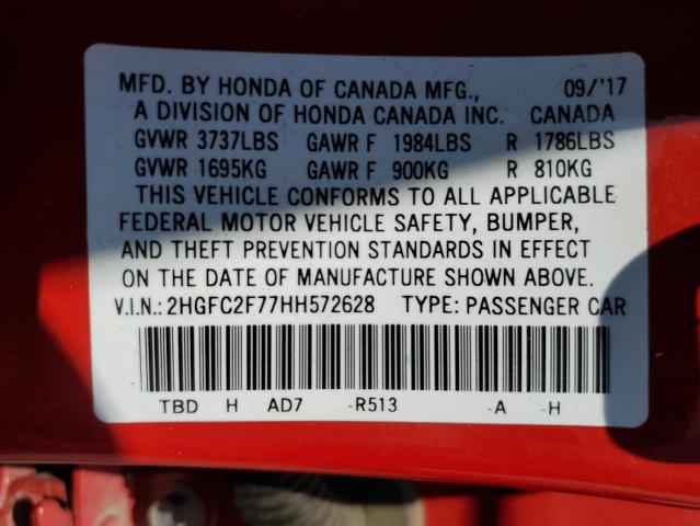 2HGFC2F77HH572628 - 2017 HONDA CIVIC EX RED photo 13
