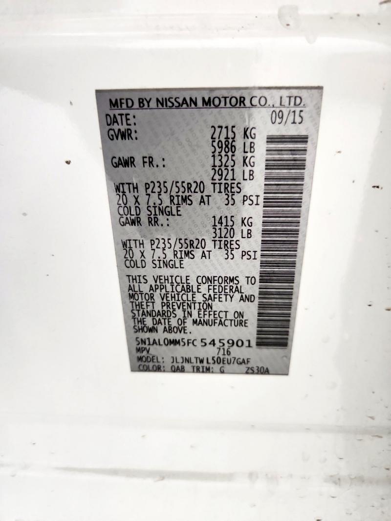 5N1AL0MM5FC545901 - 2015 INFINITI QX60 Սպիտակ լուսանկար 13