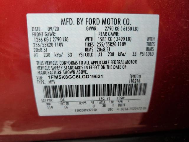 1FM5K8GC6LGD19621 - 2020 FORD EXPLORER ST RED photo 14