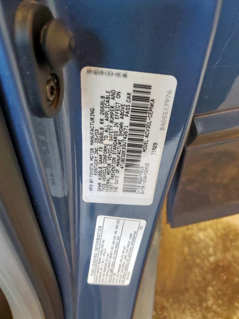 4T1BE32K33U742671 - 2003 TOYOTA CAMRY LE BLUE photo 13
