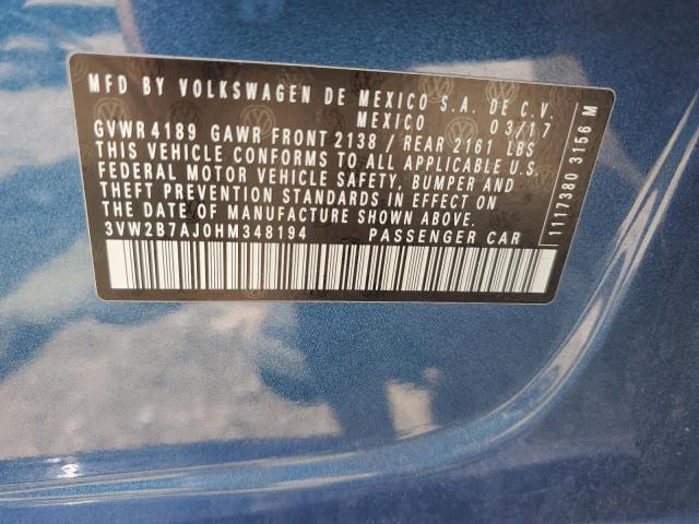 3VW2B7AJ0HM348194 - 2017 VOLKSWAGEN JETTA S BLUE photo 12