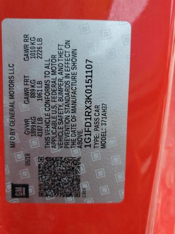 1G1FD1RX3K0151107 - 2019 CHEVROLET CAMARO LT წითელი ფოტო 13