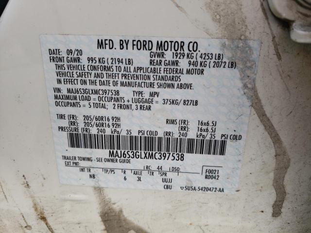 MAJ6S3GLXMC397538 - 2021 FORD ECOSPORT SE WHITE photo 13