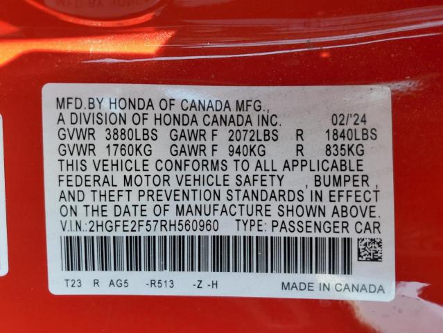 2HGFE2F57RH560960 - 2024 HONDA CIVIC SPORT 红色 照片 12