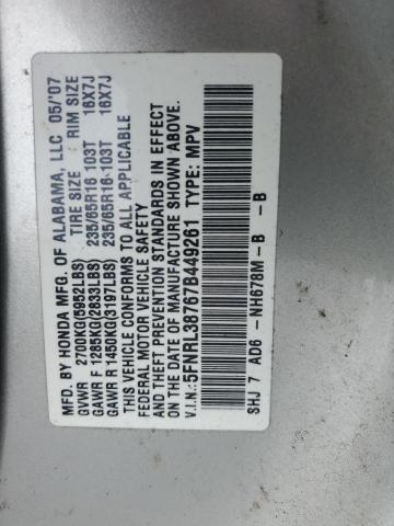 5FNRL38767B449261 - 2007 HONDA ODYSSEY EXL SILVER photo 13