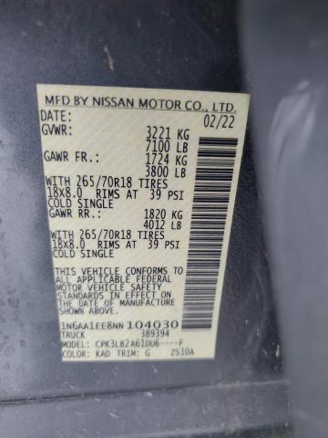 1N6AA1EE8NN104030 - 2022 NISSAN TITAN S GRAY photo 12