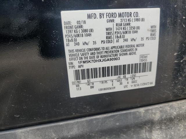 1FM5K7DHXJGA90903 - 2018 FORD EXPLORER XLT შავი ფოტო 12