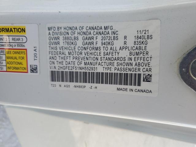 2HGFE2F51NH552931 - 2022 HONDA CIVIC SPORT Weiß Foto 12