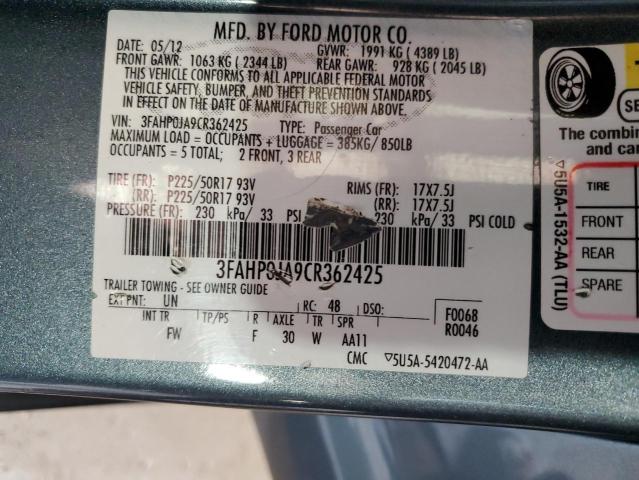 3FAHP0JA9CR362425 - 2012 FORD FUSION SEL BLUE photo 12