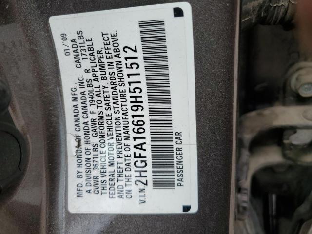 2HGFA16619H511512 - 2009 HONDA CIVIC LX-S Gris photo 13