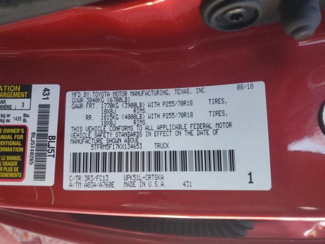 5TFRM5F17KX134653 - 2019 TOYOTA TUNDRA DOUBLE CAB SR/SR5 RED photo 13