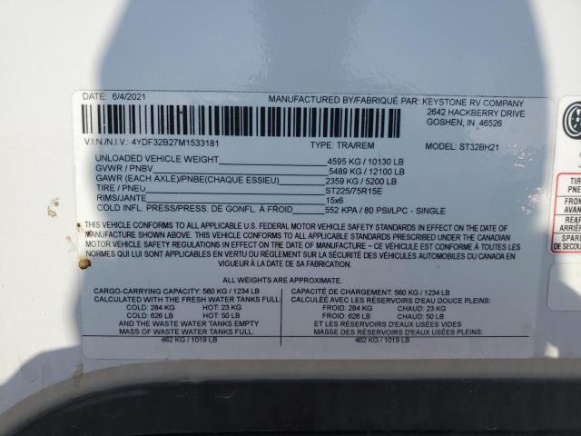 4YDF32B27M1533181 - 2021 KEYSTONE SPRINTER WHITE photo 10
