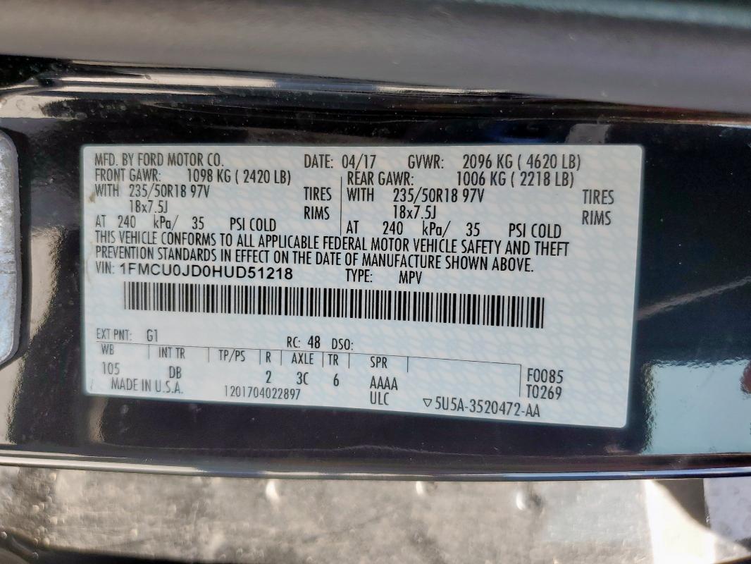 1FMCU0JD0HUD51218 - 2017 FORD ESCAPE TITANIUM 黑色 照片 12