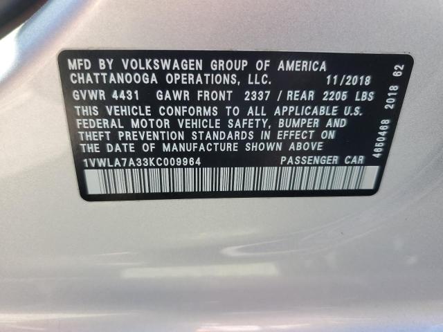 1VWLA7A33KC009964 - 2019 VOLKSWAGEN PASSAT WOLFSBURG Gris foto 12