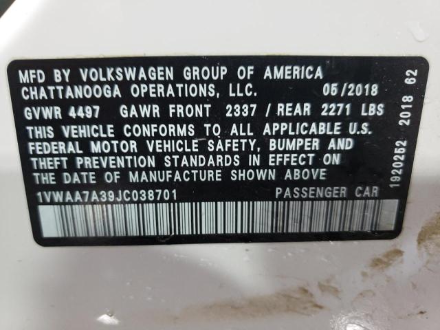 1VWAA7A39JC038701 - 2018 VOLKSWAGEN PASSAT S WHITE photo 12