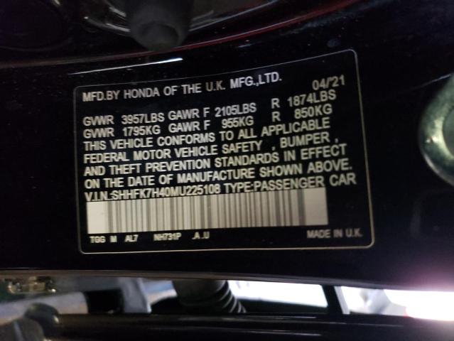 SHHFK7H40MU225108 - 2021 HONDA CIVIC SPORT 黑色 照片 12