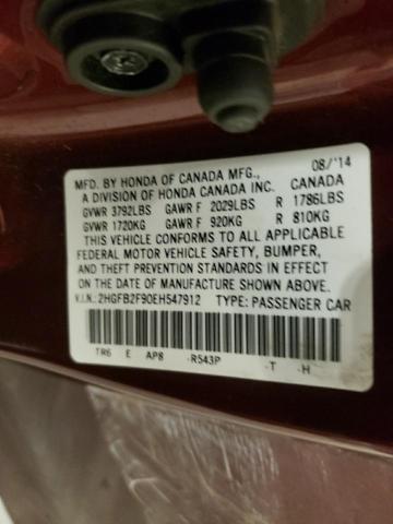 2HGFB2F90EH547912 - 2014 HONDA CIVIC EXL მუქწითელი ფოტო 12