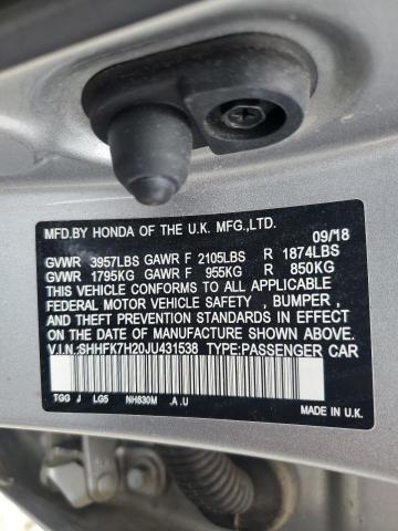 SHHFK7H20JU431538 - 2018 HONDA CIVIC LX 银色 照片 12