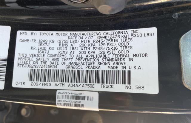 5TEJU62N37Z415604 - 2007 TOYOTA TACOMA DOUBLE CAB PRERUNNER BLACK photo 10