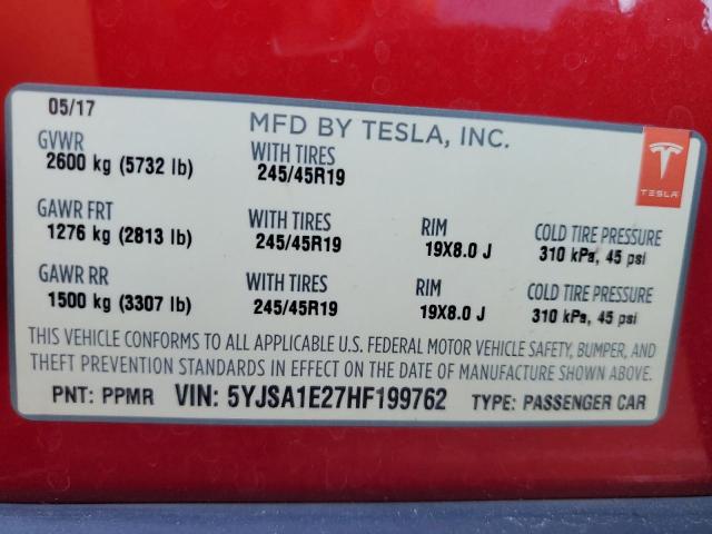 5YJSA1E27HF199762 - 2017 TESLA MODEL S Կարմիր լուսանկար 13