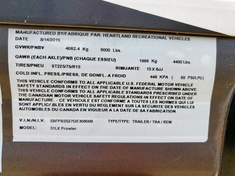 5SFPB3527GE309009 - 2016 HEART LAND PROWLER 白色 照片 10