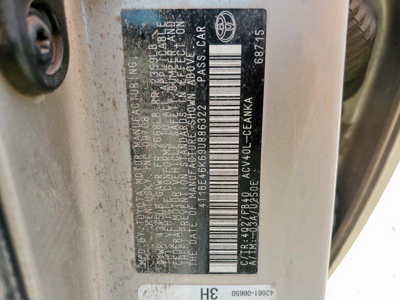 4T1BE46K69U886322 - 2009 TOYOTA CAMRY BASE BEIGE photo 12