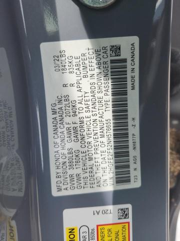 2HGFE2F52NH576655 - 2022 HONDA CIVIC SPORT BLUE photo 12