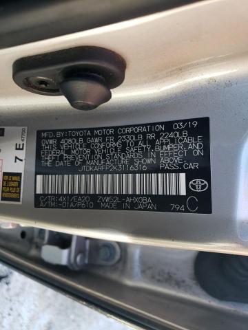 JTDKARFP2K3116316 - 2019 TOYOTA PRIUS PRIM ვერცხლისფერი ფოტო 12