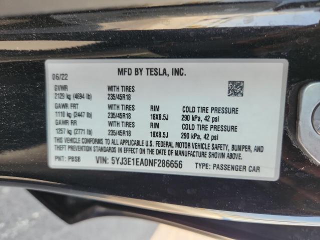 5YJ3E1EA0NF286656 - 2022 TESLA MODEL 3 黑色 照片 13