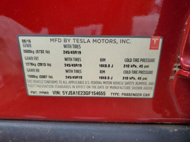 5YJSA1E23GF154655 - 2016 TESLA MODEL S წითელი ფოტო 12