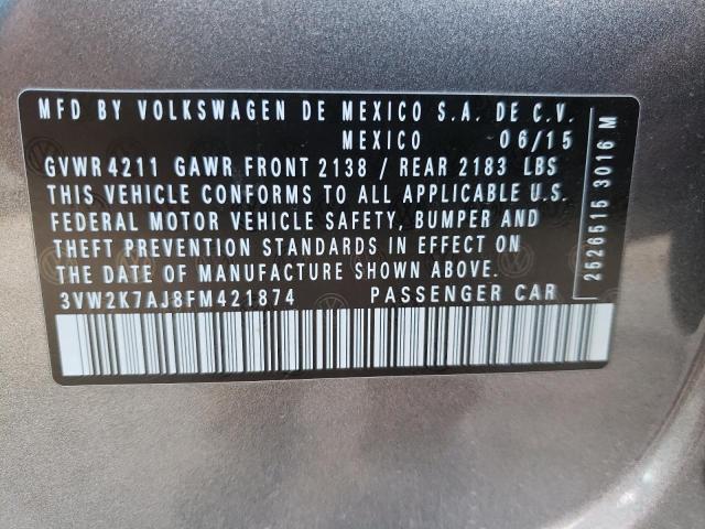 3VW2K7AJ8FM421874 - 2015 VOLKSWAGEN JETTA BASE GRAY photo 10