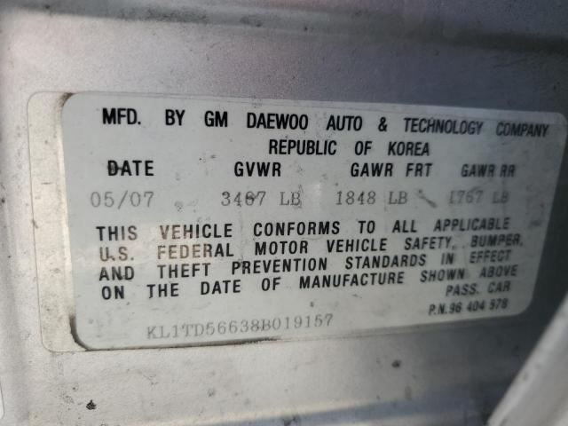 KL1TD56638B019157 - 2008 CHEVROLET AVEO BASE SILVER photo 12