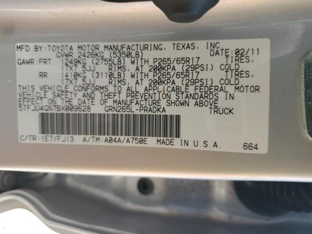 5TFJU4GN7BX009628 - 2011 TOYOTA TACOMA DOUBLE CAB PRERUNNER SILVER photo 13