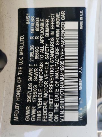 SHHFK7H4XMU419905 - 2021 HONDA CIVIC SPORT თეთრი ფოტო 12