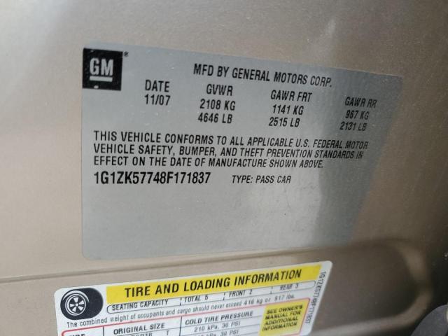 1G1ZK57748F171837 - 2008 CHEVROLET MALIBU LTZ ოქროსფერი ფოტო 12