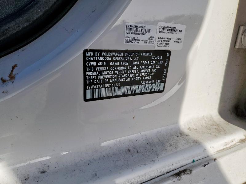 1VWAS7A31FC115131 - 2015 VOLKSWAGEN PASSAT S 白色 照片 12