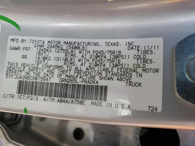 5TFJU4GN6CX015647 - 2012 TOYOTA TACOMA DOUBLE CAB PRERUNNER SILVER photo 13